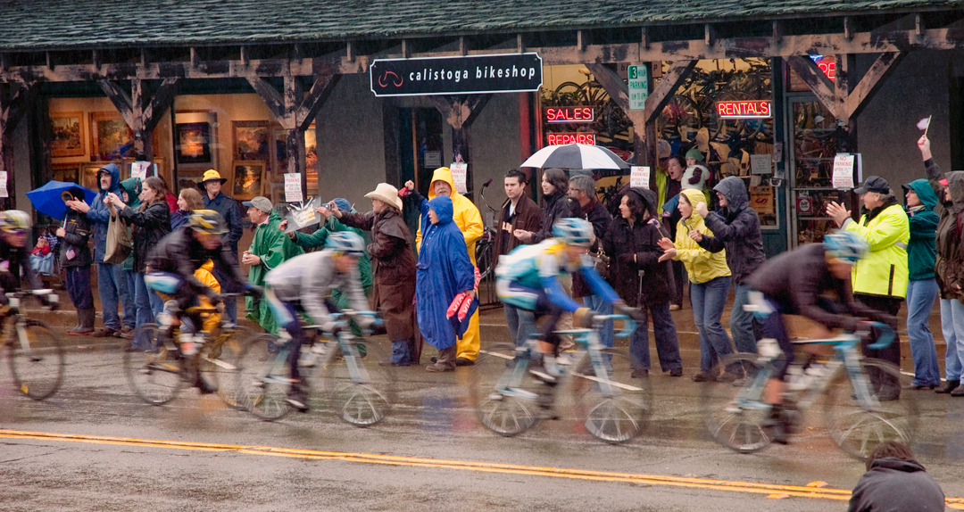 Tour de California racing past Calistoga Bikeshop
